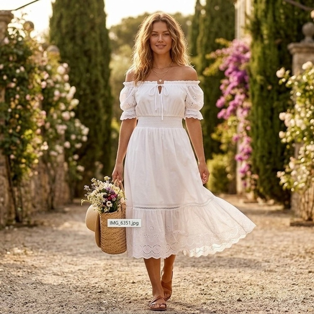 Earthbound White Peasant Eyelet Midi Dress Cottage Romantic Ruffle Off Shoulder